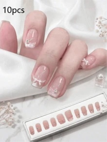 10pcs Square Short Wearable Nails, 3D Bow Pearl Rhinestone French Sweet Style, Perfect Fit Acrylic False Nails - Multicolor - View 6