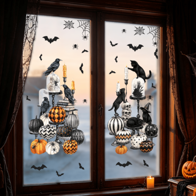 1/2 pièces Autocollants de fenêtre gothiques corbeau et crâne pour Halloween, autocollants électrostatiques en PVC double face, convient pour les salles à manger, les chambres à coucher et la décoration automnale de la maison.
