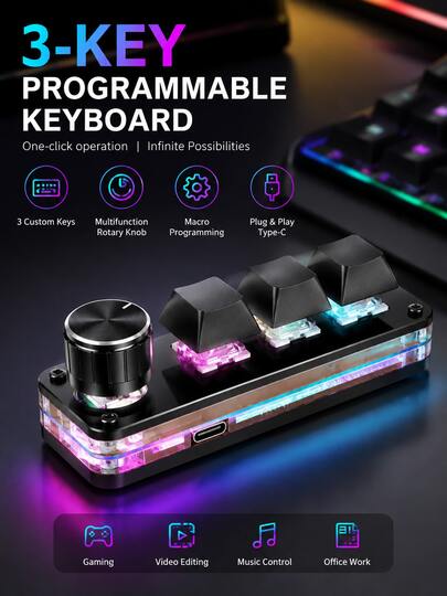 YAIUZGOO Teclado programable de 3 teclas con mando giratorio, controlador de teclas macro personalizable, teclado mecánico mini con retroiluminación RGB, teclado de acceso rápido de un solo toque, interfaz USB-C, adecuado para juegos, transmisión en vivo, edición de video, control de música y oficina