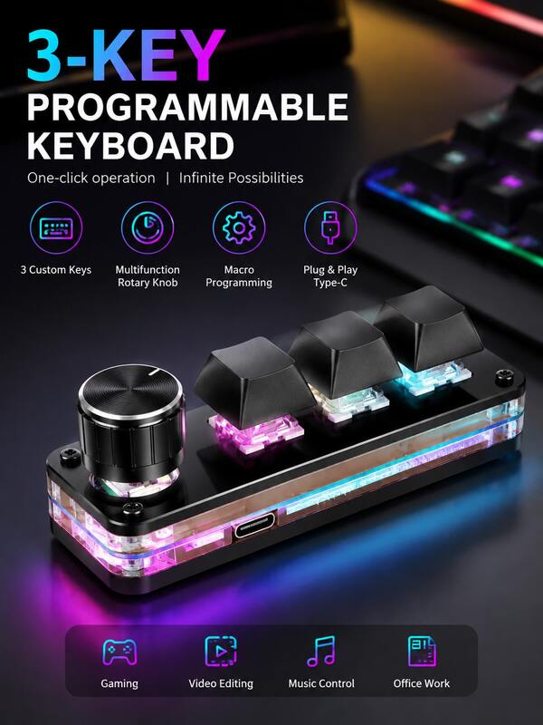 YAIUZGOO Teclado programable de 3 teclas con mando giratorio, controlador de teclas macro personalizable, teclado mecánico mini con retroiluminación RGB, teclado de acceso rápido de un solo toque, interfaz USB-C, adecuado para juegos, transmisión en vivo, edición de video, control de música y oficina
