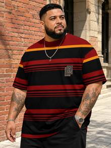 Plus Size Men's Red And Black Contrast Stripe Short Sleeve T-Shirt | Retro American Football Style Contrast Stripe Design + R Letter Badge Patch, Street Hip Hop Loose Breathable Sports Top - Red - View 1