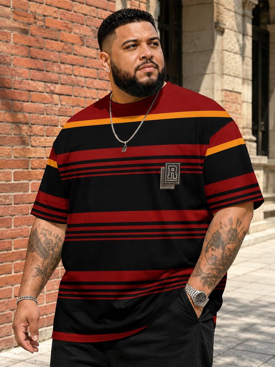 Plus Size Men's Red And Black Contrast Stripe Short Sleeve T-Shirt | Retro American Football Style Contrast Stripe Design + R Letter Badge Patch, Street Hip Hop Loose Breathable Sports Top - Red - View 1