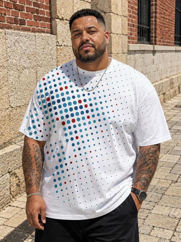 Plus Size Men's Colorful Polka Dot Print Short Sleeve T-Shirt | Loose Casual Round Neck Top, Plus Size Summer Outfit