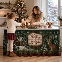 Christmas Table Skirt With Merry & Bright Lettering, Rustic Woodland Snowy Cabin Deer Pattern Holiday Table Cover, Farmhouse Christmas Decor With Pine Trees Snowflakes And Red Plaid Trim For Winter Party Dining Room Decoration - A - View 1