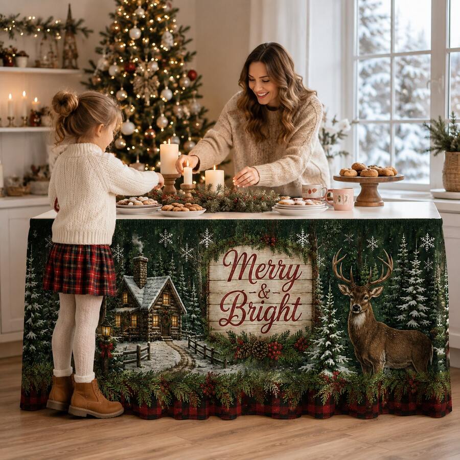 Christmas Table Skirt With Merry & Bright Lettering, Rustic Woodland Snowy Cabin Deer Pattern Holiday Table Cover, Farmhouse Christmas Decor With Pine Trees Snowflakes And Red Plaid Trim For Winter Party Dining Room Decoration - A - View 1