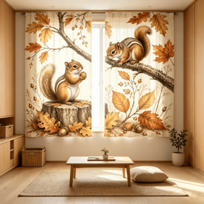 2 peças Cortinas com Estampa de Esquilo de Outono, Bolota e Folhas Caídas, Impressão Plana 2D, Estilo Florestal Pastoral, Translúcidas, Estilo com Passante para Vara, Sem Forro, Adequadas para Quarto, Sala de Estar, Sala de Jantar, Cozinha, Apenas Cortinas, Acessórios Não Incluídos