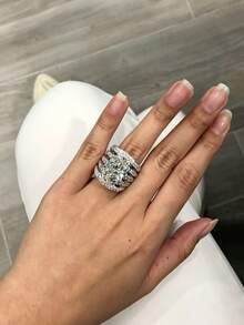 1pc Luxury Oval Large Diamond Multi-Layer Wide Band Ring, Heavy Work Full Rhinestone Embellished Exaggerated Banquet Accessory, Women's Ring, Engagement Gift Jewelry - White - View 2