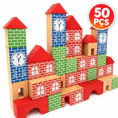 Blocos de Montar em Madeira Construção Infantil 50-200 Peças Brinquedo Educativo Pedagógico