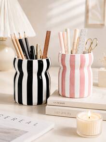 1pc Large Capacity Ins Style Striped Pen Holder, Wavy Desktop Organizer, Multifunctional Makeup Brush Storage Cup, Multicolor Desk Decor For Home Office - Waist-cinching Striped Storage - View 6