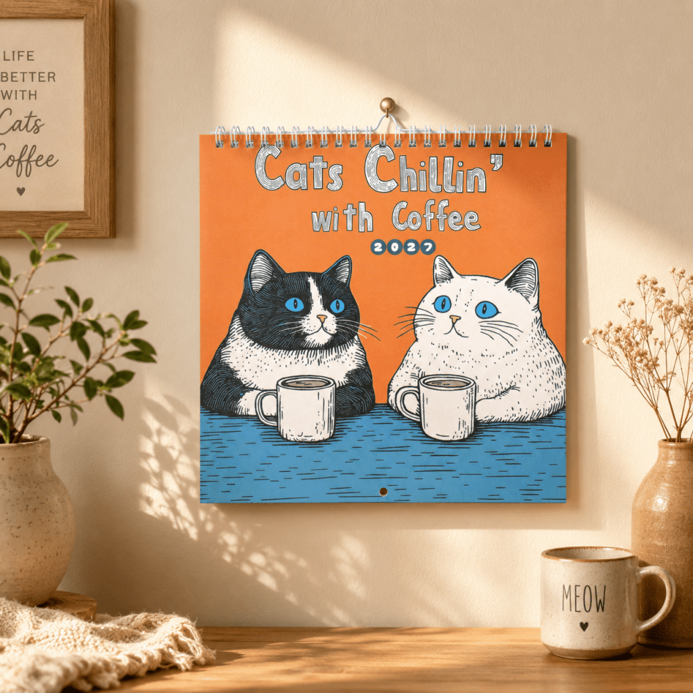 Calendario de pared con tema de gato de dibujos animados bebiendo café 2027, estilo de ilustración vintage, calendario mensual colgante con doble espiral, decoración de pared para el hogar, regalo divertido de periférico de gato