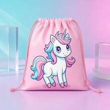 Pink & Blue Unicorn Print Drawstring Backpack, Cute Fairy Tale Style For Girls, School Essential, Drawstring Closure, Travel Accessory For Beach, Dance Class, Camping, Daily Outings And Weekend Adventures - UNICORN-108 - View 3