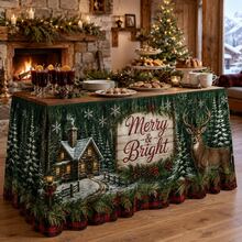 Christmas Table Skirt With Merry & Bright Lettering, Rustic Woodland Snowy Cabin Deer Pattern Holiday Table Cover, Farmhouse Christmas Decor With Pine Trees Snowflakes And Red Plaid Trim For Winter Party Dining Room Decoration - A - View 4