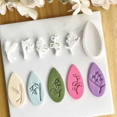 6pcs Flower & Leaf Shaped Polymer Clay Stamp Molds, Polymer Clay Impression Molds, Handmade Gift Hair Clip Jewelry Pendant Clay Cutting Tools, Pottery & Jewelry Earring Making Molds