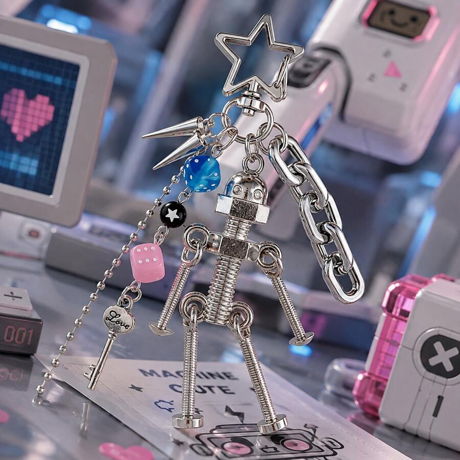 1pc Cyberpunk Spring Doll Keychain, Dice Rivet Chain Pendant, Personalized Y2K Punk Style Bag Charm Creative Gift - Multicolor - View 1