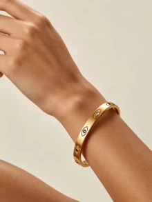 Open Cuff Bangle Set With Evil Eye Enamel And Rhinestone Decor, Bohemian Vintage Bracelet, Suitable For Daily Wear, Holiday Travel And Party Occasions, Stackable Design For Versatile Styling, Popular Fashion Accessory, Perfect For Anniversary And Holiday Gifts - Yellow Gold - View 9