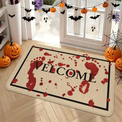 1/2pcs Halloween Door Mat, Halloween Bloody Handprint Welcome Door Mat, Flannel Absorbent Non-Slip Machine Washable, Multi-Functional Home Entrance Hallway Kitchen Bathroom Floor Mat, Holiday Decor Carpet