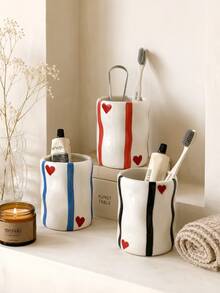 Cute Hand-Painted Red/Blue/Black Striped Resin Storage Box With Heart Decoration, Handmade Asymmetrical Wavy Texture, Multi-Purpose Bathroom And Desktop Organizer, Vanity Decor, Housewarming Gift - Heart Ripple Cup - View 3
