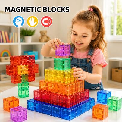 0.98in/2.5cm Transparent Colorful Magnetic Blocks, STEM Sensory Cube Early Education Toy | Creative Stacking Shape Blocks, Birthday Gift, Suitable For Boys And Girls