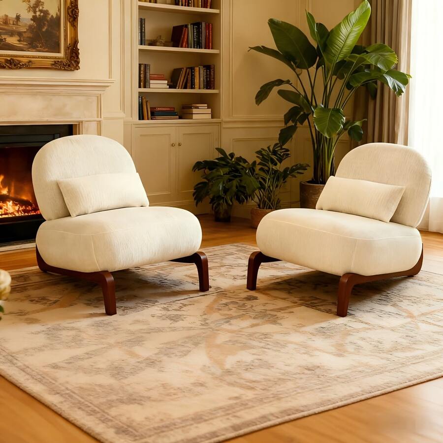 Set Of 2 Cute Accent Chair White With Wooden Legs – Comfortable For Living Room, Bedroom Or Balcony - White - View 1