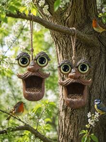Funny Tree Face Resin Bird Feeder, Outdoor Tree-Hanging Wild Bird Feeding Station, Humorous Garden Decor Sculpture, Suitable For Backyard, Patio, Deck, Perfect For Bird Lovers And Nature Enthusiasts, Outdoor Decoration, Autumn Decor - Big-eyed Bird Feeder - View 10