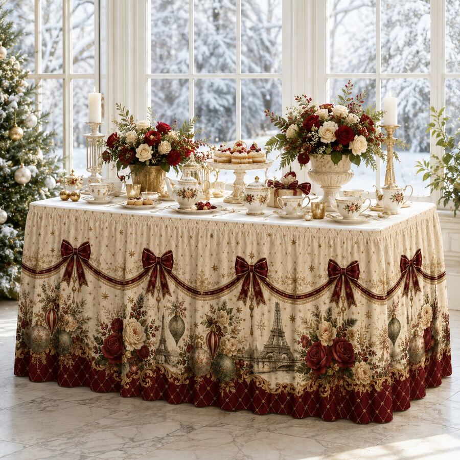 Luxury Christmas Table Skirt, Elegant Polyester Tablecloth With Burgundy Bow Ribbon, Vintage Rose Floral Print, Gold Star Pattern, Eiffel Tower Design, European Style Holiday Decor, Suitable For Christmas Dinner Party Home Decoration - A - View 1