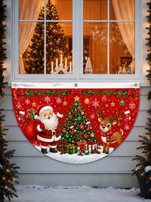 Christmas Santa Claus Reindeer Half-Circle Porch Banner, Christmas Tree Gift Snowflake Hanging Flag, Christmas Window Railing Decoration, Suitable For Front Porch Door Indoor Outdoor Holiday Home Party Decor - E - View 2