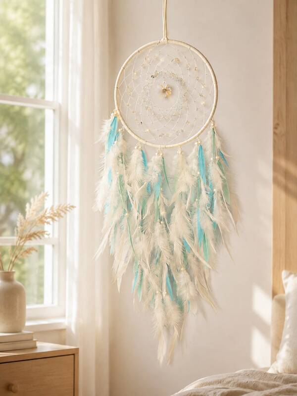 Atrapasueños hecho a mano con plumas blancas y cian, adorno colgante de pared con cuentas de perlas y borlas, decoración bohemia para el hogar, dormitorio, ventana, balcón, boda, regalo de cumpleaños para niñas, estilo Ins, decoración suave, campana de viento hecha a mano, colgante femenino, colgante bohemio de pared, decoración de pared, cabecera de dormitorio, ventana de bahía, pared de sala de estar, ventana de balcón, decoración suave de B&B, decoración de dormitorio, decoración de boda, regalo del Día de San Valentín, regalo de cumpleaños