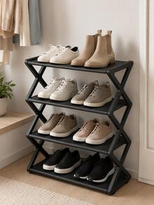 4-Tier Folding Shoe Rack | Space-Saving Storage Solution, X-Frame Plastic Organizer, Vintage Design, No Assembly Required, Suitable For Entryway, Closet, Kitchen, All-Season Durable Bookshelf (Plastic Material) - Multicolor - View 3