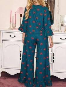 Women's 2pcs Bow Print Tie-Front Ruffle Top & Wide Leg Pants Lounge Set, Vintage Bell Sleeve Loose Pajama Set - Multicolor - View 2