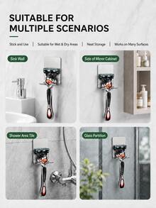 2+2 PCS Stainless Steel Razor Holder Wall Mount & Utility Hooks, No Drill Self Adhesive Waterproof Shaver Holder For Bathroom Shower, Space Saving Hooks For Razor, Bath Sponge, Towels, Keys And Accessories - Silver - View 3