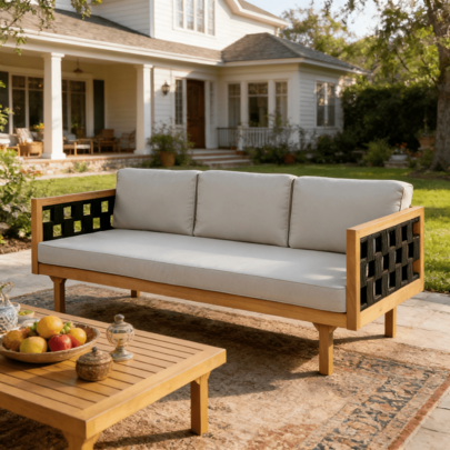 Three-Seater Outdoor Daybed - Acacia Wood Teak Finish Frame With Light Grey Cushions And Black Flat Rope, 67.5'' L X 32'' W X 24.24'' H Patio Lounge Sofa For Garden Deck Backyard