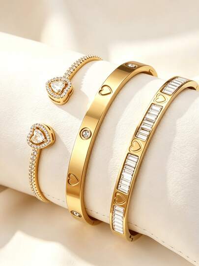 3pcs/1pc Heart-Shaped Rhinestone Stainless Steel Bracelet Set, Stackable Bracelets, Daily Wear Jewelry, Valentine's Day Christmas Gift For Women