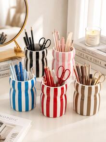 1pc Large Capacity Striped Pen Holder, Wavy Desk Organizer, Multifunctional Makeup Brush Cup, Multicolor Desktop Storage For Office Home, Cute Table Decor Gift - Waist-cinching Striped Pencil Holder - View 1