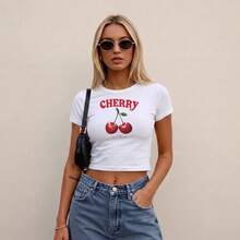 Blusa Feminina Baby Tee T-shirt Ribana Estampa Y2k Basica Confortavel Dia A Dia Slim Verão Cherry - Branco - Visão 3