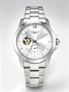 LONGLUX 1pc Men's Automatic Mechanical Watch, Personalized Hollow Design, Business Casual Steel Band, Daily Wear, Holiday Gift - White - View 8