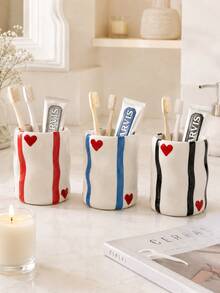 Cute Hand-Painted Red/Blue/Black Striped Resin Storage Box With Heart Decoration, Handmade Asymmetrical Wavy Texture, Multi-Purpose Bathroom And Desktop Organizer, Vanity Decor, Housewarming Gift - Heart Ripple Cup - View 7