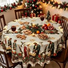 1pc Jesus Birth Print Tablecloth, Polyester Material, Nativity Scene Tablecloth With Angels, Sheep And Pine Cone Background, Suitable For Christmas Party Decoration, Gathering Decoration, Family Dinner Decoration And More - A - View 1