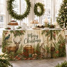 Taplak Meja Natal Klasik, Taplak Meja Tema Rusa Hutan Pedesaan dengan Tulisan Selamat Natal, Motif Ranting Pinus, Daun Holly, dan Buah Beri, Taplak Meja Poliester, Dekorasi Rumah untuk Pesta Makan Malam Liburan - A - View 6