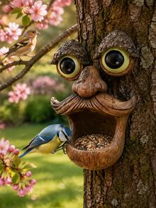 Funny Tree Face Resin Bird Feeder, Outdoor Tree-Hanging Wild Bird Feeding Station, Humorous Garden Decor Sculpture, Suitable For Backyard, Patio, Deck, Perfect For Bird Lovers And Nature Enthusiasts, Outdoor Decoration, Autumn Decor - Big-eyed Bird Feeder - View 3