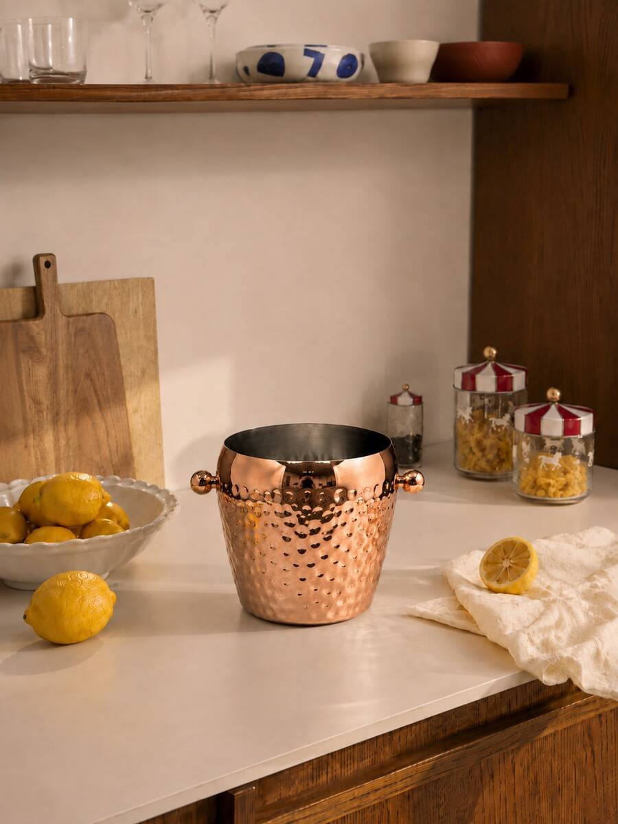 1pc Stainless Steel Small Capacity Ice Bucket, Copper Plated Hammered Texture Ice Bucket, Silver Hammered Single Layer Ice Bucket, Can Hold 1 Bottle Of Beer, Suitable For Home Kitchen And Restaurant Tabletop Decoration, Party & Wedding - View 1