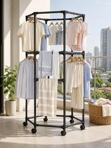 muebles,perchero para ropa,rack para ropa,tendederos para secar ropa,secadora de ropa,Tendedero de Ropa de Piso con Ruedas Giratorias 360°, Perchero Organizador de 2 Niveles para Balcón e Interior, Estructura Multilateral Negra para Camisas, Pantalones, Toallas y Ropa Familiar, 172 cm - A - Ver 1