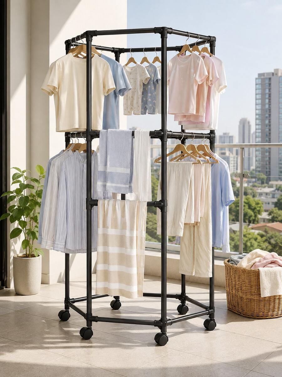 muebles,perchero para ropa,rack para ropa,tendederos para secar ropa,secadora de ropa,Tendedero de Ropa de Piso con Ruedas Giratorias 360°, Perchero Organizador de 2 Niveles para Balcón e Interior, Estructura Multilateral Negra para Camisas, Pantalones, Toallas y Ropa Familiar, 172 cm - A - Ver 1