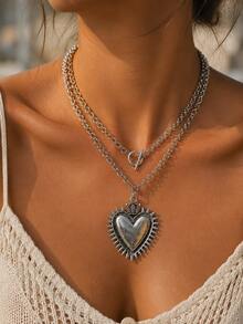 GARMEND 2pcs/Set American Vintage Distressed Silver Double Layer Stacked Necklace With Spiked Crown Heart Pendant, OT Clasp Punk Hip-Hop Personalized Neck Chain Accessory - Silver - View 1
