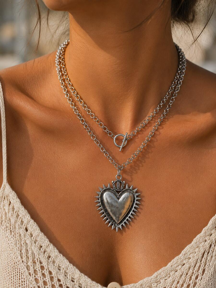 GARMEND 2pcs/Set American Vintage Distressed Silver Double Layer Stacked Necklace With Spiked Crown Heart Pendant, OT Clasp Punk Hip-Hop Personalized Neck Chain Accessory - Silver - View 1