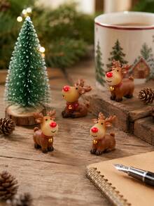 Christmas Mini Reindeer Figurine Set, Cute Red Nose Deer Desktop Decor, Winter Snow Scene Fireplace Mantel, Desk, Gift Box, Terrarium, Holiday Party, Home And Christmas Village Decoration - Multicolor - View 4