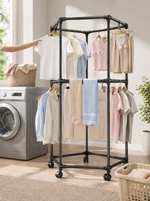 muebles,perchero para ropa,rack para ropa,tendederos para secar ropa,secadora de ropa,Tendedero de Ropa de Piso con Ruedas Giratorias 360°, Perchero Organizador de 2 Niveles para Balcón e Interior, Estructura Multilateral Negra para Camisas, Pantalones, Toallas y Ropa Familiar, 172 cm - A - Ver 8