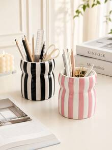 1pc Large Capacity Striped Pen Holder, Wavy Desk Organizer, Multifunctional Makeup Brush Cup, Multicolor Desktop Storage For Office Home, Cute Table Decor Gift - Waist-cinching Striped Pencil Holder - View 10