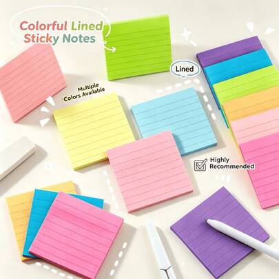3x3 Inch Sticky Notes With Line, Multiple Bright Colors Self-Adhesive Memo Paper, Back To School Stationery, Suitable For Office, School Study Reminder Notes