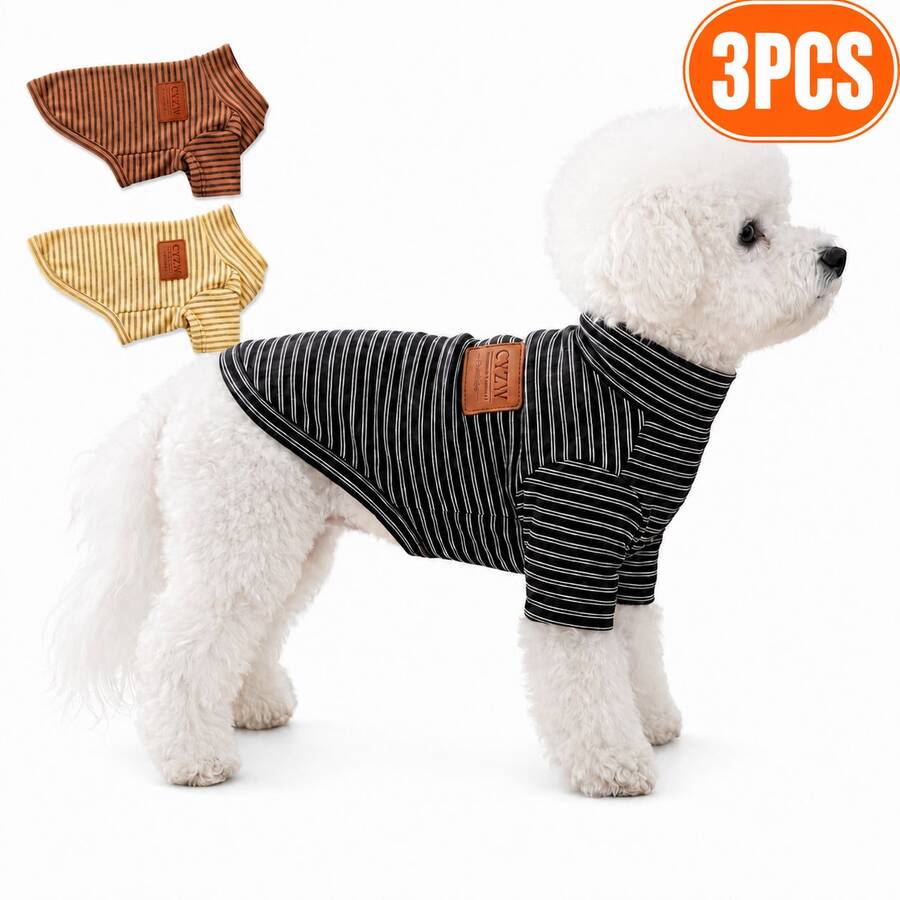 Leather Label Striped Sweatshirt Vintage Striped Pet Base Layer Autumn/Winter Thickened Warm Elastic Sweatshirt Cat & Dog Universal - Multicolor - View 1