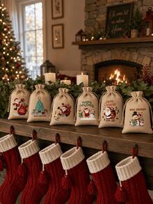 8pcs Drawstring Linen Christmas Gift Bags, Santa Claus, Reindeer And Snowflake Patterns, Reusable Holiday Party Gift Bags, Suitable For Christmas, New Year Party Gift Supplies, Gift Wrapping Bags, Merry Christmas - Christmas Burlap Bag - View 6